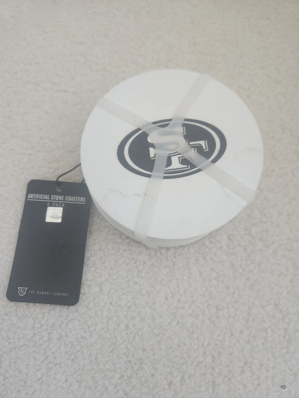 San Francisco 49ers Coaster Set - Marble White Artificial Stone Black SF Logo